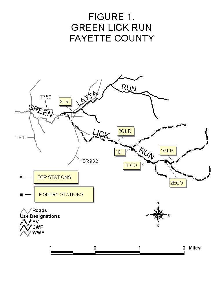 Map of Green Lick Run including DEP Stations and Fishery Stations, Fayette County
