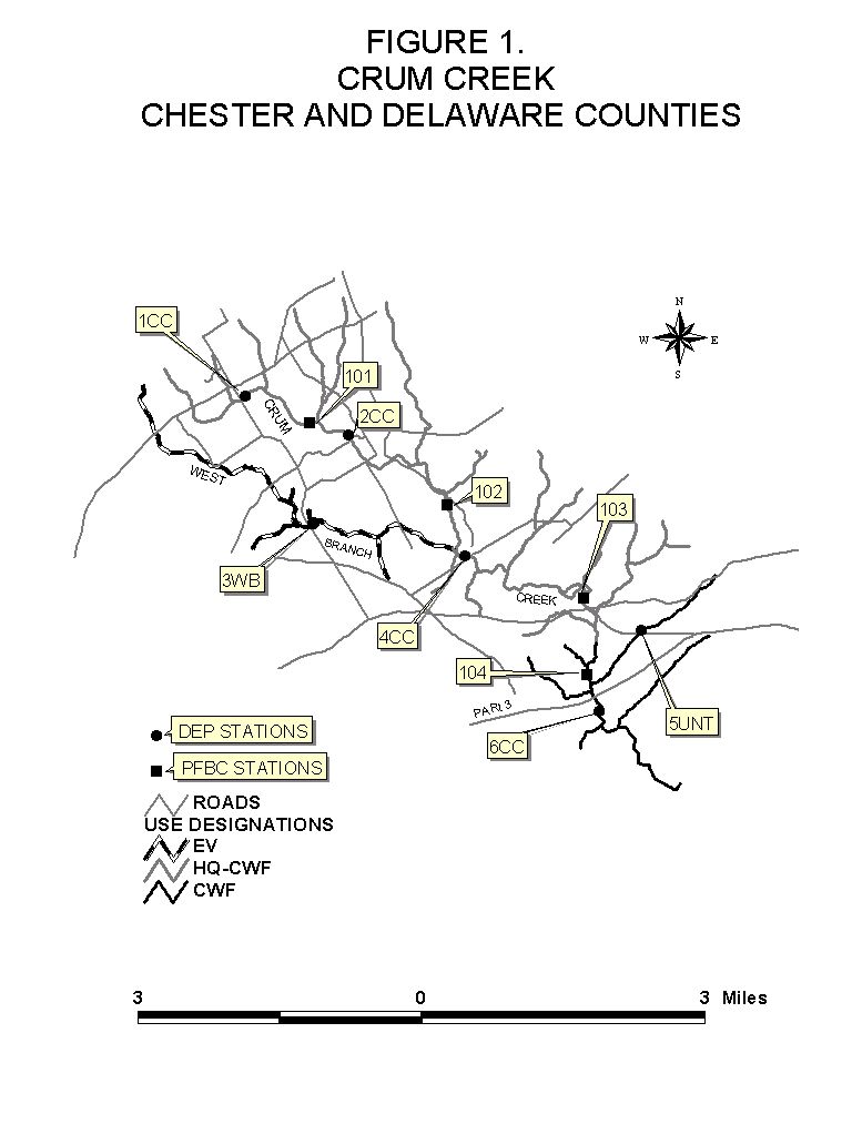 A map of Crum Creek in Chester and Delaware Counties  showing DEP stations and PA Fish and Boat Commission stations