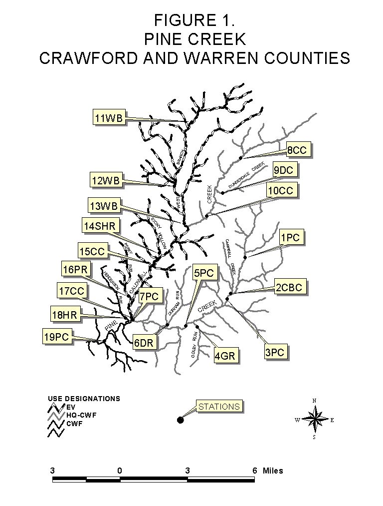 Map of Pine Creek including stations in Crawford and Warren Counties in PA