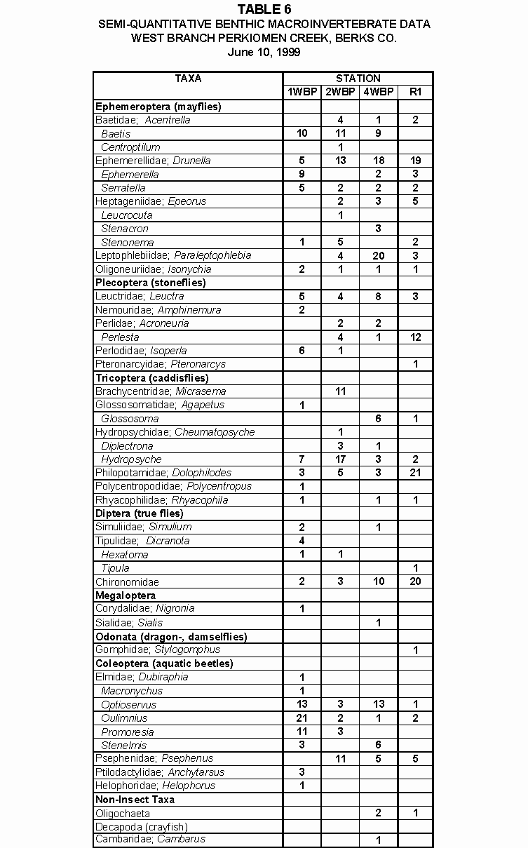 Table 6 - Semi-Quantitative Benthic Macroinvertebrate Data